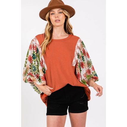 Desert Gold Floral Puff Sleeve Patchwork Round Neck Blouse