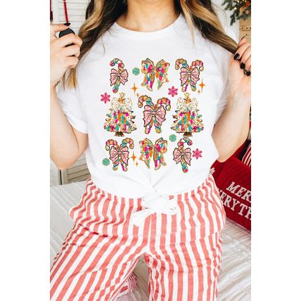 White Christmas Tree Bow Knot Print Round Neck T Shirt