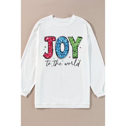 White JOY to the world Ribbed Crewneck Pullover Sweatshirt