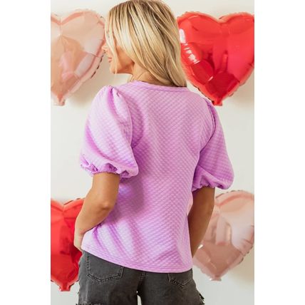 Phalaenopsis Solid Textured O Neck Puff Sleeve Blouse