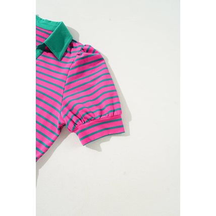 Pink Stripe Collared V Neck Puff Sleeve T Shirt Dress
