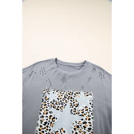 Medium Grey Stars Leopard Graphic Distressed Tee