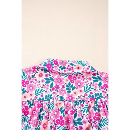 Pink Plus Size Floral Half Button Short Puff Sleeve A-line Dress