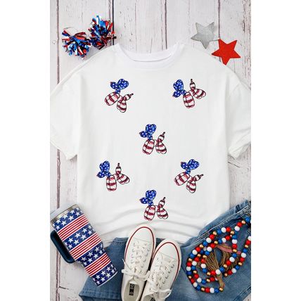 White Sequin USA Flag Balloon Puppy Graphic Drop Shoulder High Low Tee