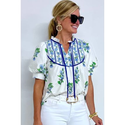 Beige Floral Print Piping Trim Tie Neck Short Sleeve Blouse
