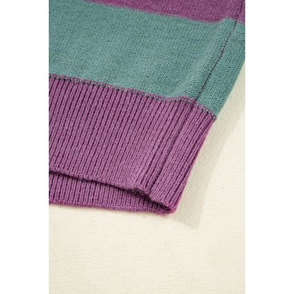 Green Stripe Drop Shoulder Ribbed Edge Casual Sweater