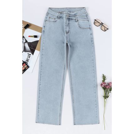 Sky Blue Mid Rise Asymmetrical Waist Wide Leg Jeans