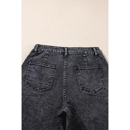 Black Chic Patch Pocket Straight Leg Loose Jeans
