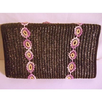 Large Vintage Black Straw Envelope Purse Clutch Hand Crocheted Accents Hong Kong