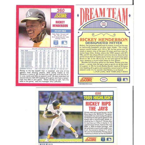 Three 1990 Score baseball Rickey Henderson cards – 360, 686, 698 –Athletics HOF