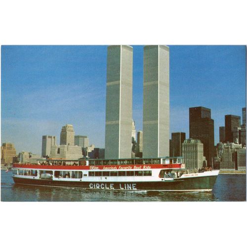 ALMA Postcard Circle Line Yacht with Twin Towers & New York Skyline