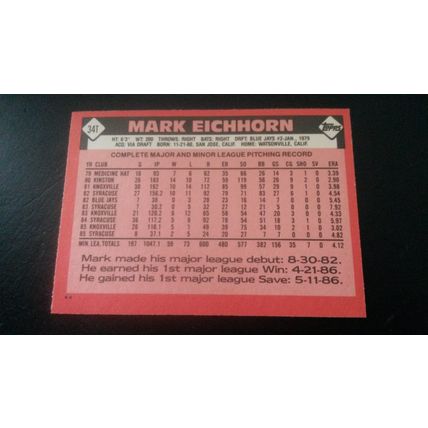 1986 Topps Traded Card # 034T Mark Eichhorn Excellent (5) Toronto Blue Jays