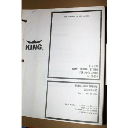 Bendix King KFC 200 Flight Control Piper Aztec PA-23-250 Install overhaul manual