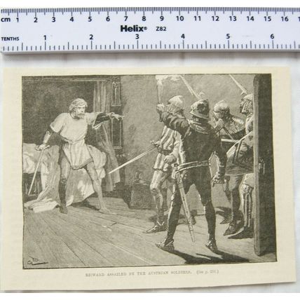 Vintage engraving - Richard assailed by the Austrian Soldiers