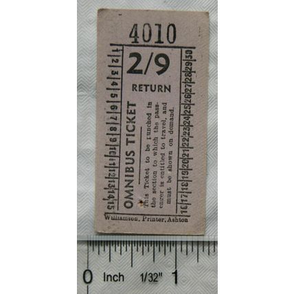 Vintage: 2/9 return omnibus ticket, Williamson, Ashton