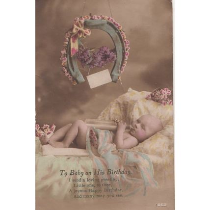 Baby with Dummy Feeding Bottle Antique Birthday Greetings Postcard