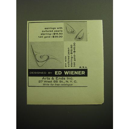 1958 Ed Wiener Jewelry Ad - Earrings with cultured pearls