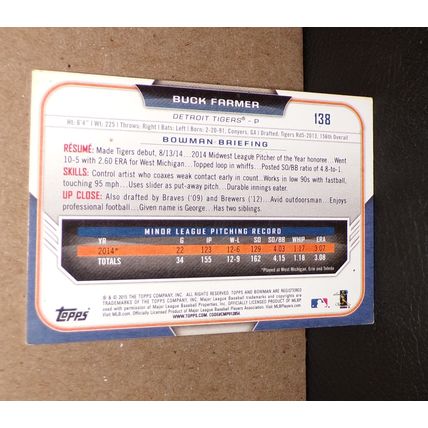 TOPPS 2015 BOWMAN BUCK FARMER ROOKIE CARD #138