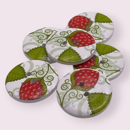 6Pcs 25mm Wooden Round Red Flower Pattern 2 Hole Sewing Crafts Knitting