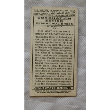 1937 Players Coronation Ceremonial Dress No. 23 Most Illustrious Order St Patric