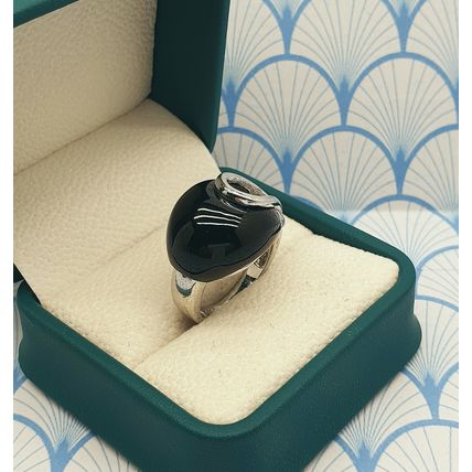 Vintage 925 Sterling Silver Unusual Modernist Design Chunky Onyx Statement Ring