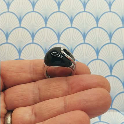 Vintage 925 Sterling Silver Unusual Modernist Design Chunky Onyx Statement Ring