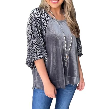 Medium Grey Leopard Splicing Lantern Sleeve Velvet Blouse