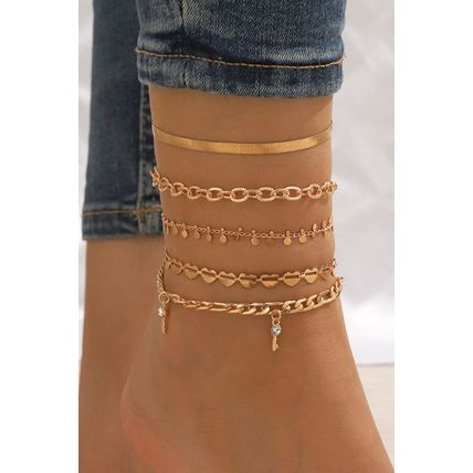 Gold Sweet Heart Rhinestone Dangle 5-piece Anklets
