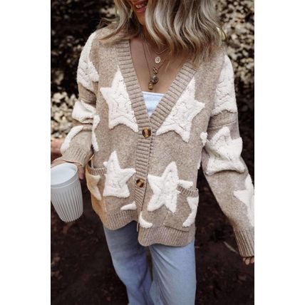 Khaki Sherpa Star Pattern Textured Sweater Cardigan with Pockets