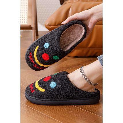 Black Keep Smile Printed Sherpa Home Slippers