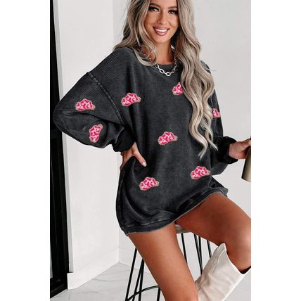 Black Glittering Cowboy Hat Patched Corded Pullover Sweatshirt