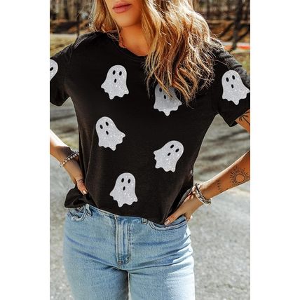 Black Glitter Ghost Pattern Crew Neck Halloween T Shirt