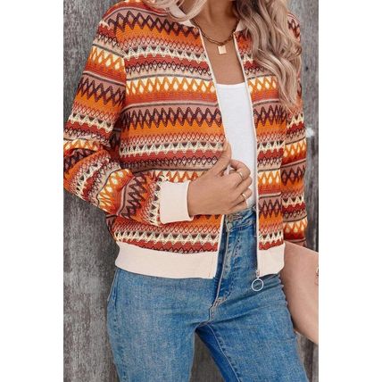 Orange Boho Striped Zip Up Long Sleeve Jacket