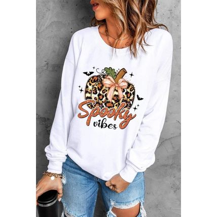 Beige Spooky Leopard Pumpkin Print Crew Neck Sweatshirt