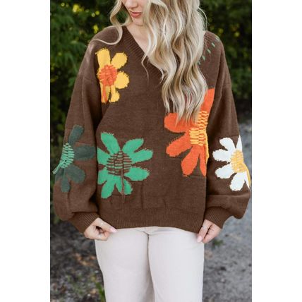 Coffee Big Flower Pattern V Neck Drop Shoulder Sweater