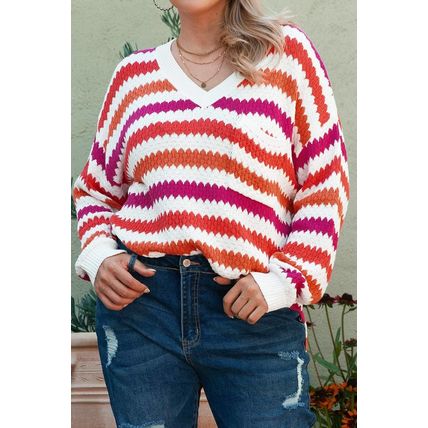 Pink Stripe V Neck Drop Shoulder Plus Size Sweater