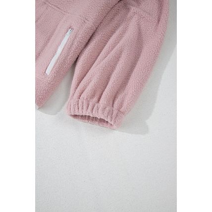 Fushia Stand Neck Half Button Zip Pocket Plush Sweatshirt