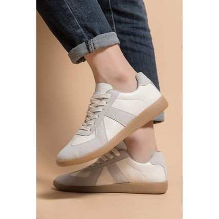 Beige PU Leather Suede Patched Lace-up Flat Shoes