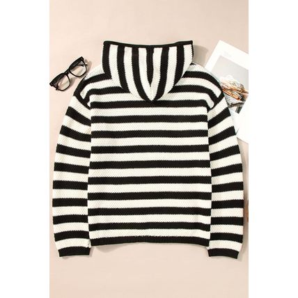 White Stripe V Neck Pocketed Drawstring Hooded Sweater
