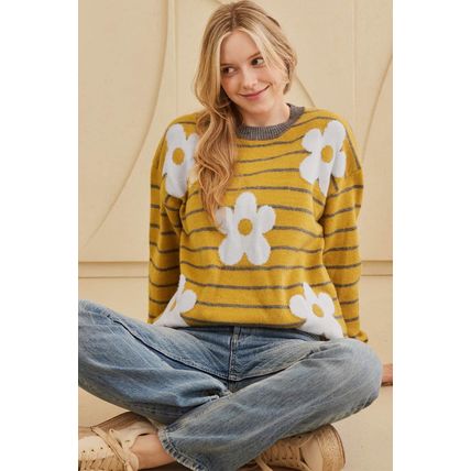 Yellow Stripe Daisy Floral Knitted Round Neck Sweater