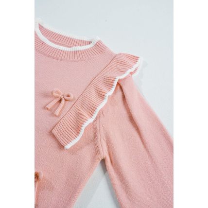 Light Pink Ruffled Bowknot Ribbed Trim Long Sleeve Sweater