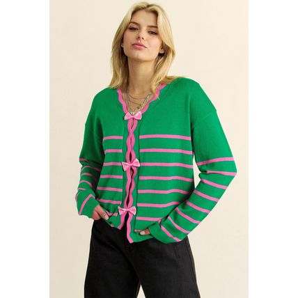 Green Stripe Ribbon Cute Bow Detail Sweater Knit Cardigan
