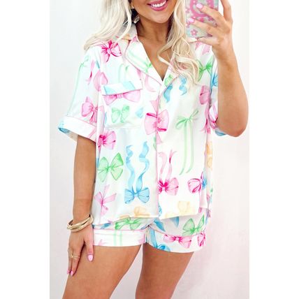 White Bowknot Print Buttoned Shirt High Waist Shorts Pajama Set
