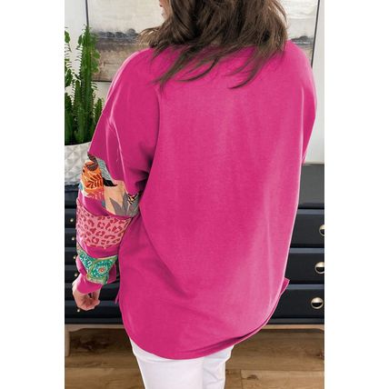 Rose Red Plus Size Printed Patchwork Sleeve Split Sweatshirt