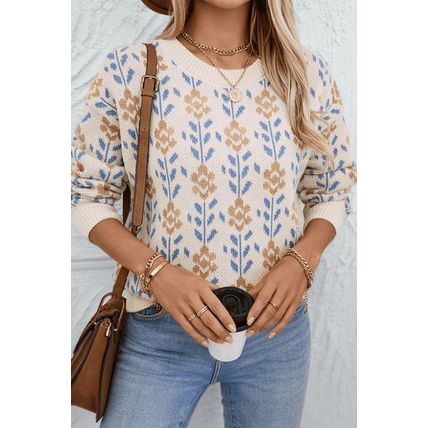 Apricot Floral Pattern Crew Neck Sweater