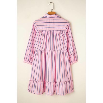 Pink Stripe Ruffled Hem Button-up Collared Shirt Mini Dress