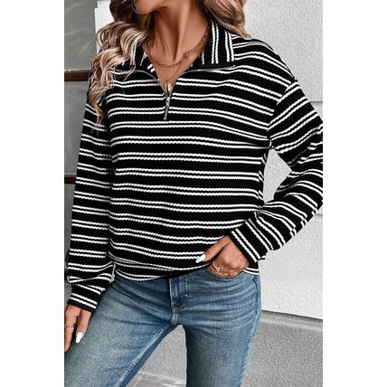 Black Stripe Textured Quarter Zip Collar Long Sleeve Top