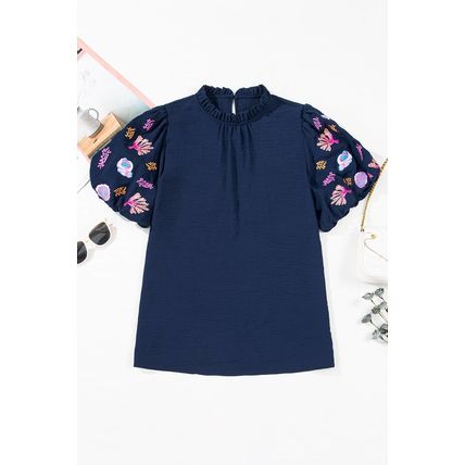 Sail Blue Shellfish Coral Embroidery Puff Sleeve Frilled Neck Blouse