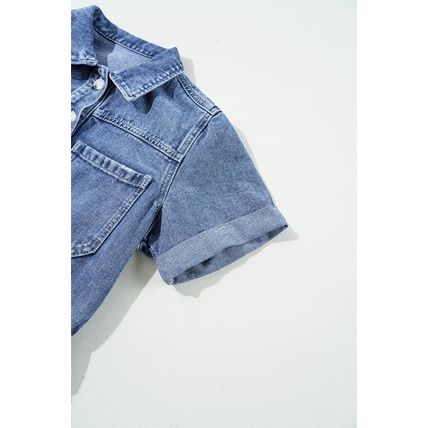 Dusk Blue Chest Pocket Front Buttoned Folded Edge Denim Short Sleeve Romper