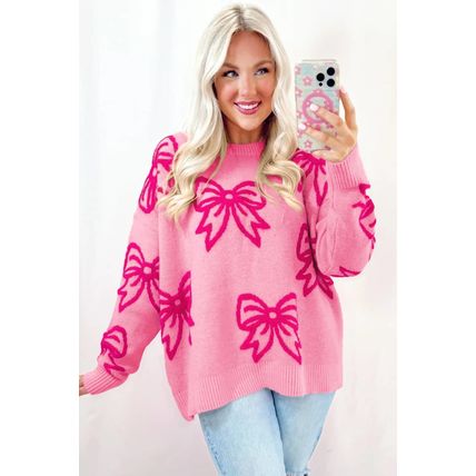 Pink Bow Pattern Drop Shoulder Loose Sweater